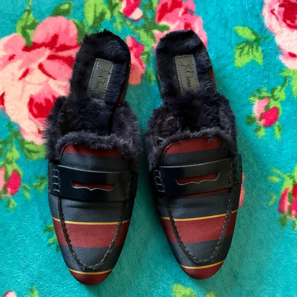 J Crew Academy stripe penny loafer faux fur mules 6.5 $198